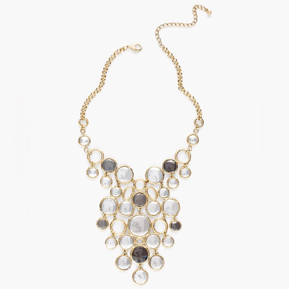 NWT Chico’s “Marisol Bib” Statement Necklace, gold, silver & gunmetal hammered